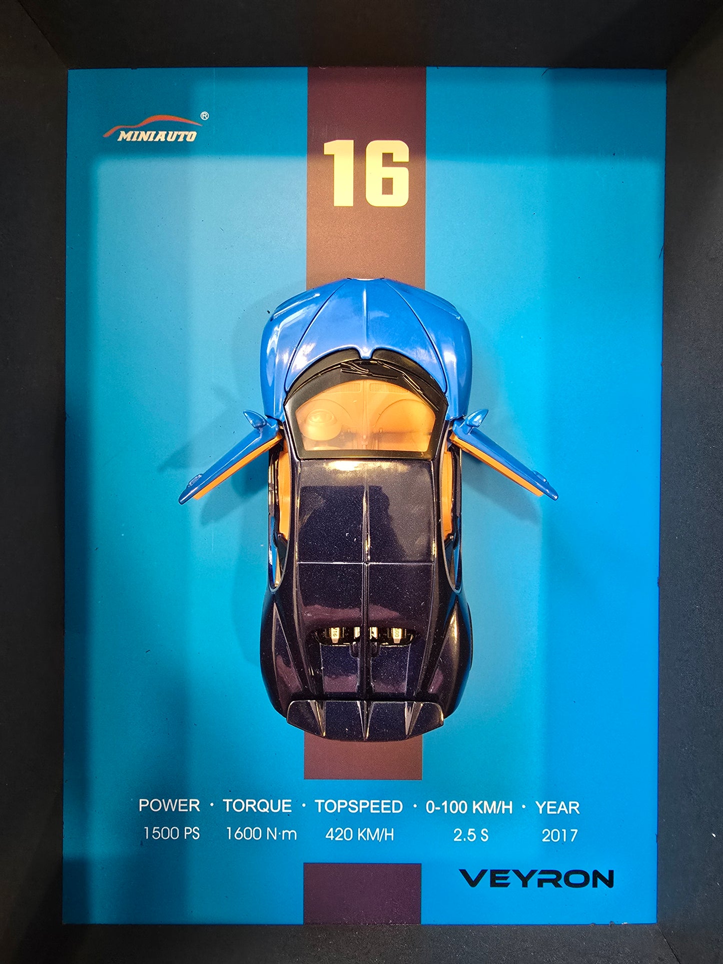 3D Car Frame Wall Art | Wooden Frame with Removable Die-Cast Cars, Lights, Pull-Back Action & Opening Doors Collectible Display for Car Lovers (Veyron)