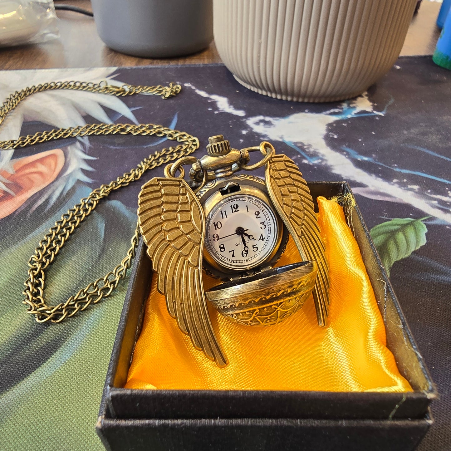 Golden Harry Potter Inspired Snitch Ball With Wings Round Dial Analogue Antique Pocket Watch Pendant With Bronze Necklace